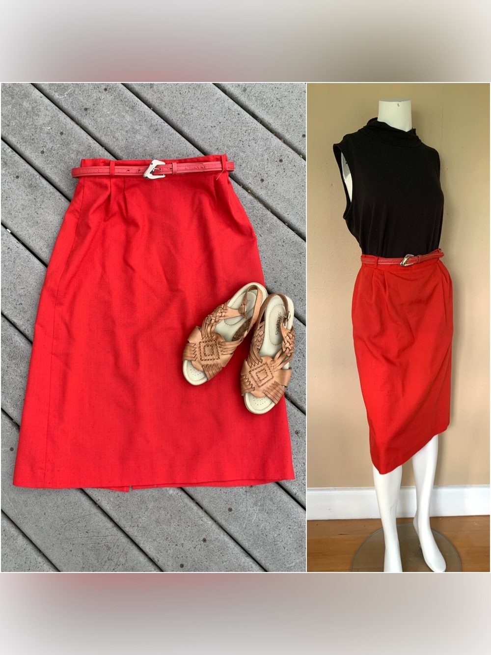 Vintage 70s Red A-line Midi Skirt w Belt